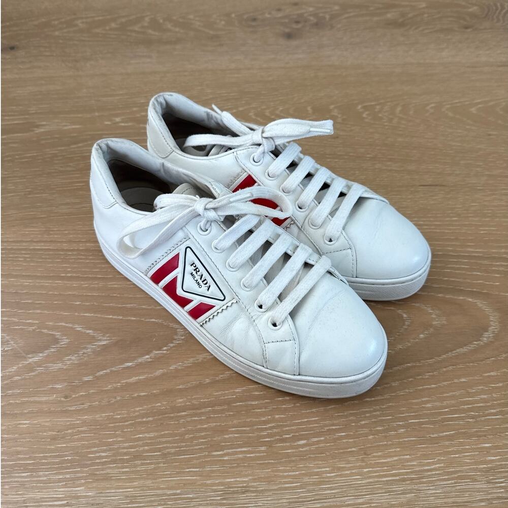 PRADA Sneakers Side Stripe Leather Size EU 37 White Red